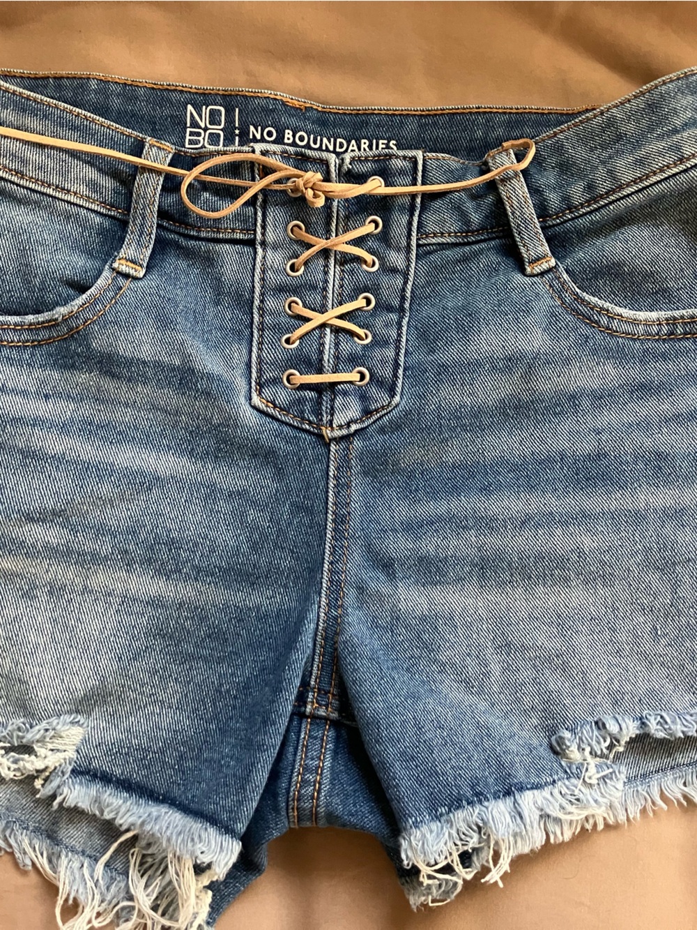 No Boundaries Distressed High-Rise Lace-Up Blue Jeans